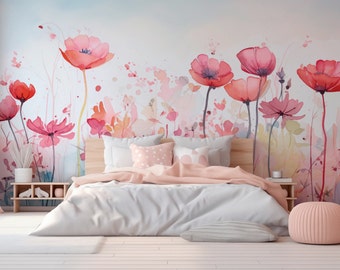 Photo wallpaper flowers watercolor wildflowers floral pink red nature girl's children's room bedroom botanical
