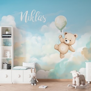 Carta da parati per cameretta Little Bear con nome, cielo, nuvole pastello acquerello, carta da parati fotografica personalizzabile