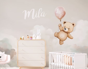 Babykamerbehang beer hemel met naam | beige pastel gepersonaliseerd kinderkamerbehang