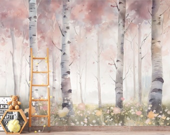 Wald Tapete Aquarell, Wunsch-Größe, Kinderzimmer, Bäume, Blumen, Natur, Babyzimmer