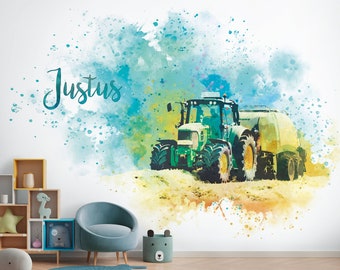 Tractorbehang met naam | gepersonaliseerd kinderkamerbehang