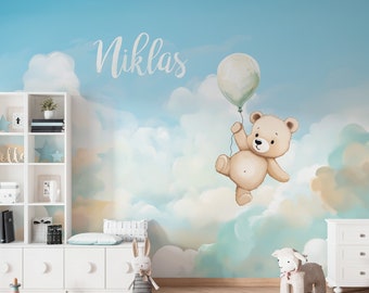 Tapete Himmel mit Bär Babyzimmer Aquarell Pastell Wolken Fototapete mit Namen personalisierte Kinderzimmertapete