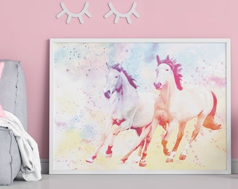 Affiche de cheval | Affiche cheval grande 50 x 70 cm ou 70 x 100 cm | décoration murale | Affiche pour adolescents ou crèches | Aquarelle | moderne