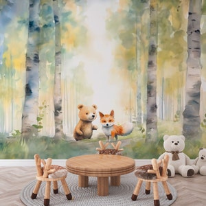Carta da parati per cameretta bambini con animali della foresta, alberi, natura, cameretta per neonati, orso, volpe, amanti degli animali