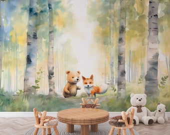 Wald Tiere Kinderzimmer Tapete, Bäume, Natur, Babyzimmer, Bär, Fuchs, Tierfreunde