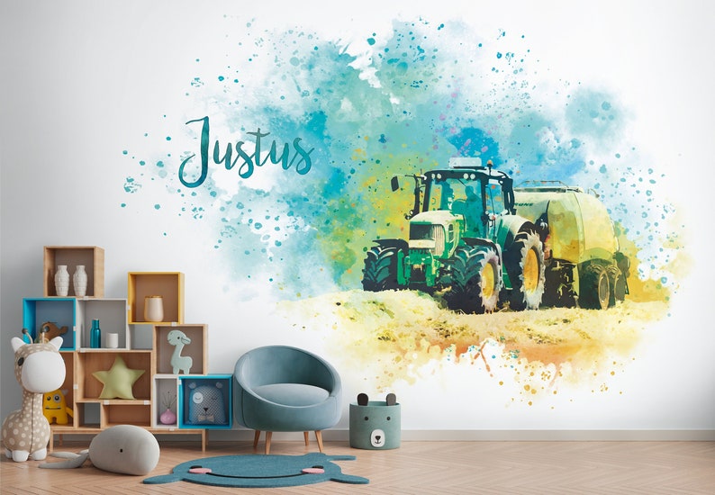 Tractorbehang met naam gepersonaliseerd kinderkamerbehang afbeelding 1