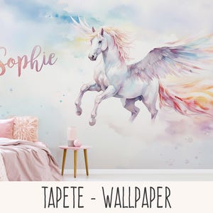Pegasus Pferde Tapete | personalisierte Tapete Pastell Regenbogen Mädchen Kinderzimmer | Tapete mit Namen