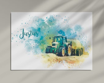 Affiche tracteur personnalisée avec nom sur demande, 50 x 70 cm ou 70 x 100 cm, décoration murale, affiche chambre d'enfant, moderne, aquarelle