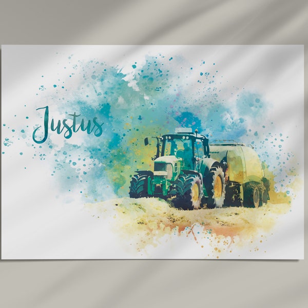 Tractorposter gepersonaliseerd met naam op aanvraag, 50 x 70 cm of 70 x 100 cm, wanddecoratie, kinderkamerposter, modern, aquarel