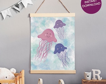 Jellyfish Wall Art Printable - Cute Under the Sea Digital Download - Ocean Nursery or Kids Room Decor