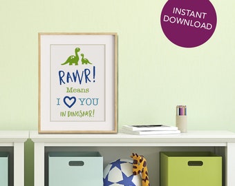 Stampa per camera da letto con dinosauro – Rawr significa Ti amo (download digitale)
