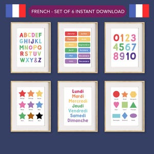 Set di 6 stampe murali didattiche in francese, 6 stampe per l'istruzione parentale in francese, download digitali istantanei, stampe per l'aula Montessori