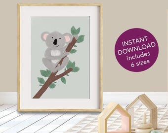 Cute Koala Print - Koala Nursery Wall Art - Printable Kids Room Decor - Baby Animal Digital Download - Koala Illustration Print
