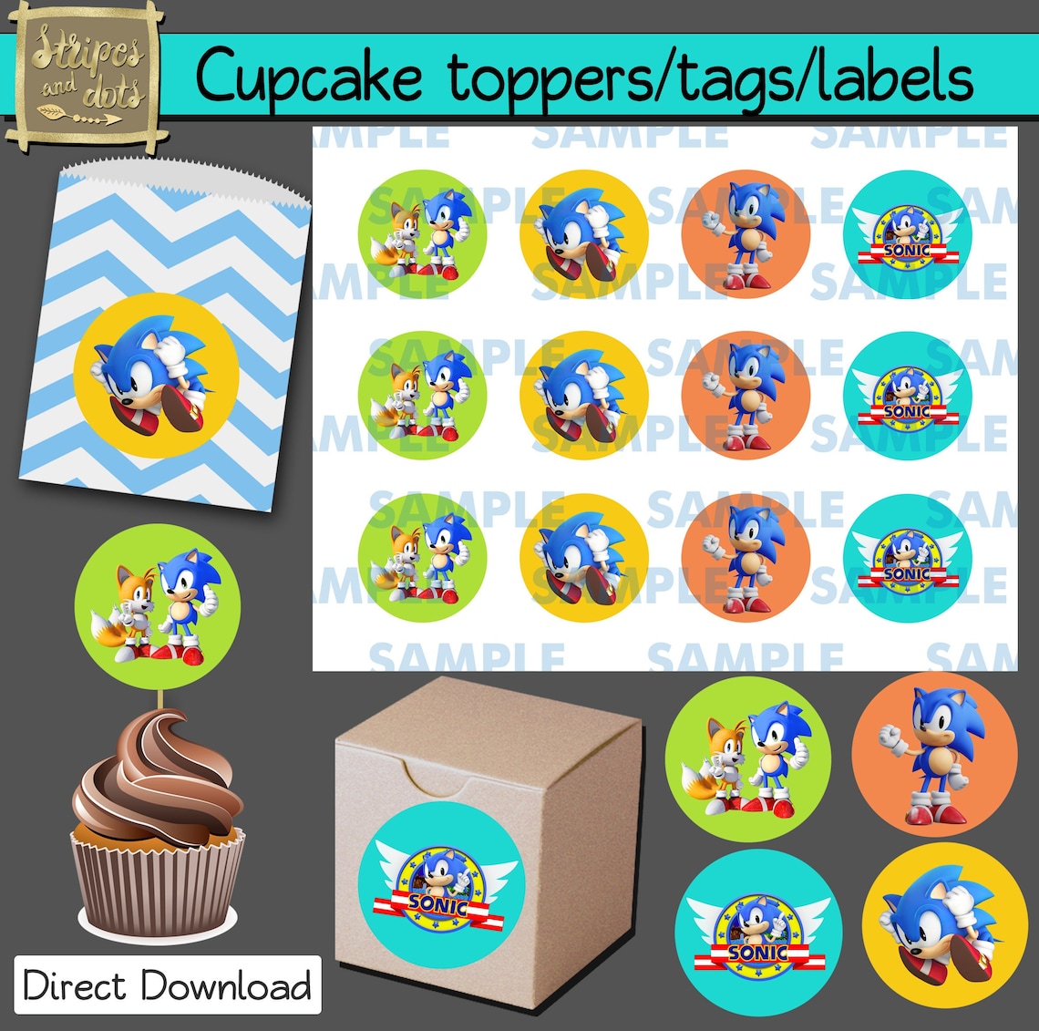 Printable Sonic Cupcake Topperssonic Stickerssonic Cupcake Etsy