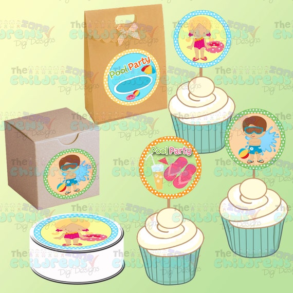 Printable Swimming Pool Party Cupcake ToppersSwimming Pool Party Stickers Cupcake Toppers Party
