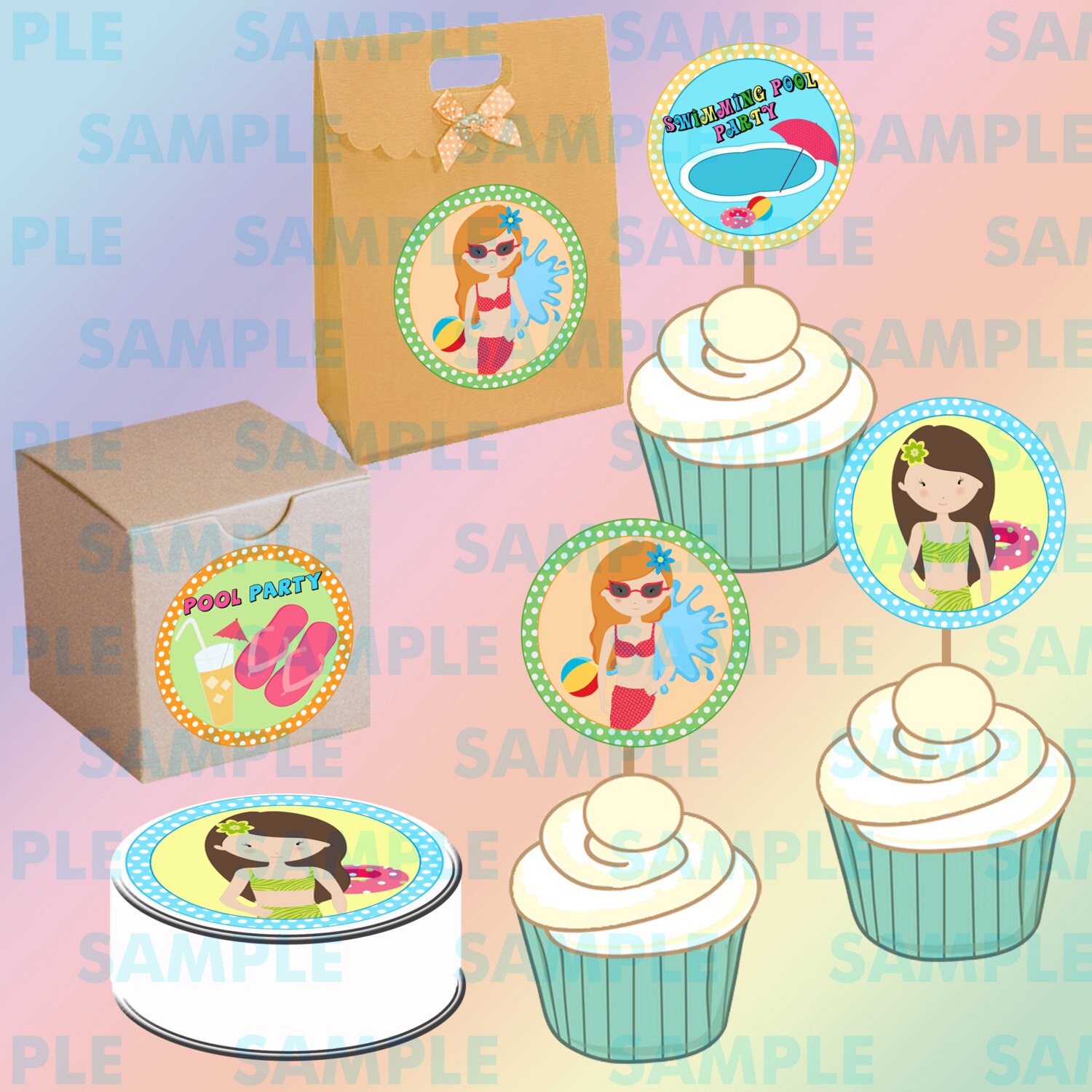 Printable Swimming Pool Party Cupcake ToppersSwimming Pool Party