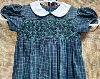 Vintage 80’s Green Tartan Smocked Dress 2/3T w/White Collar