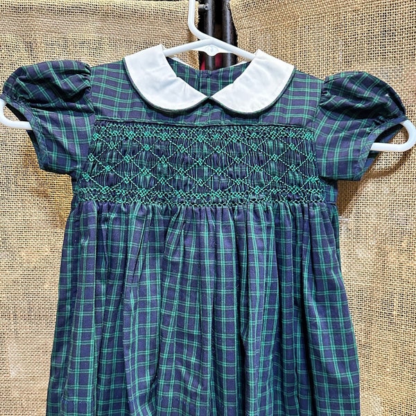 Vintage 80’s Green Tartan Smocked Dress 2/3T w/White Collar