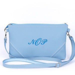 Monogram Vegan Leather Crossbody Bag: Sky Blue Personalized Clutch