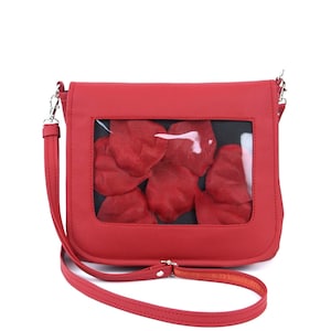 Red Vegan Leather Ita Bag: Enamel Pin Crossbody Messenger Bag