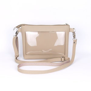 Beige Vegan Leather Ita Bag: Anime Pin Display Crossbody
