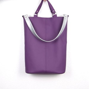 Purple Vegan Leather Tote Bag: Large Work Bag with Pockets