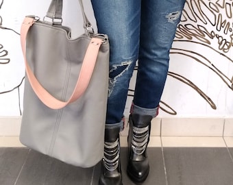 Grote tote tas, licht grijs Tote, Tote tassen voor vrouwen, leerzak, werk tas, geschenk van zoon, Vegan Leather Tote tas, Leather Tote, Grey Tote