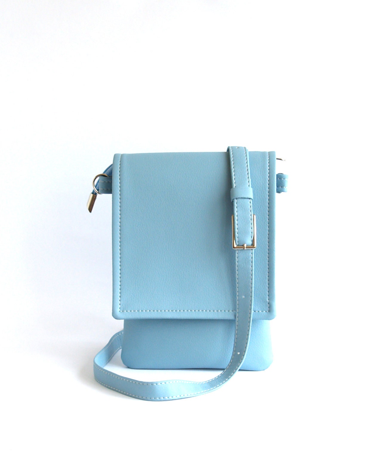 Light blue phone pouch with shoulder strap