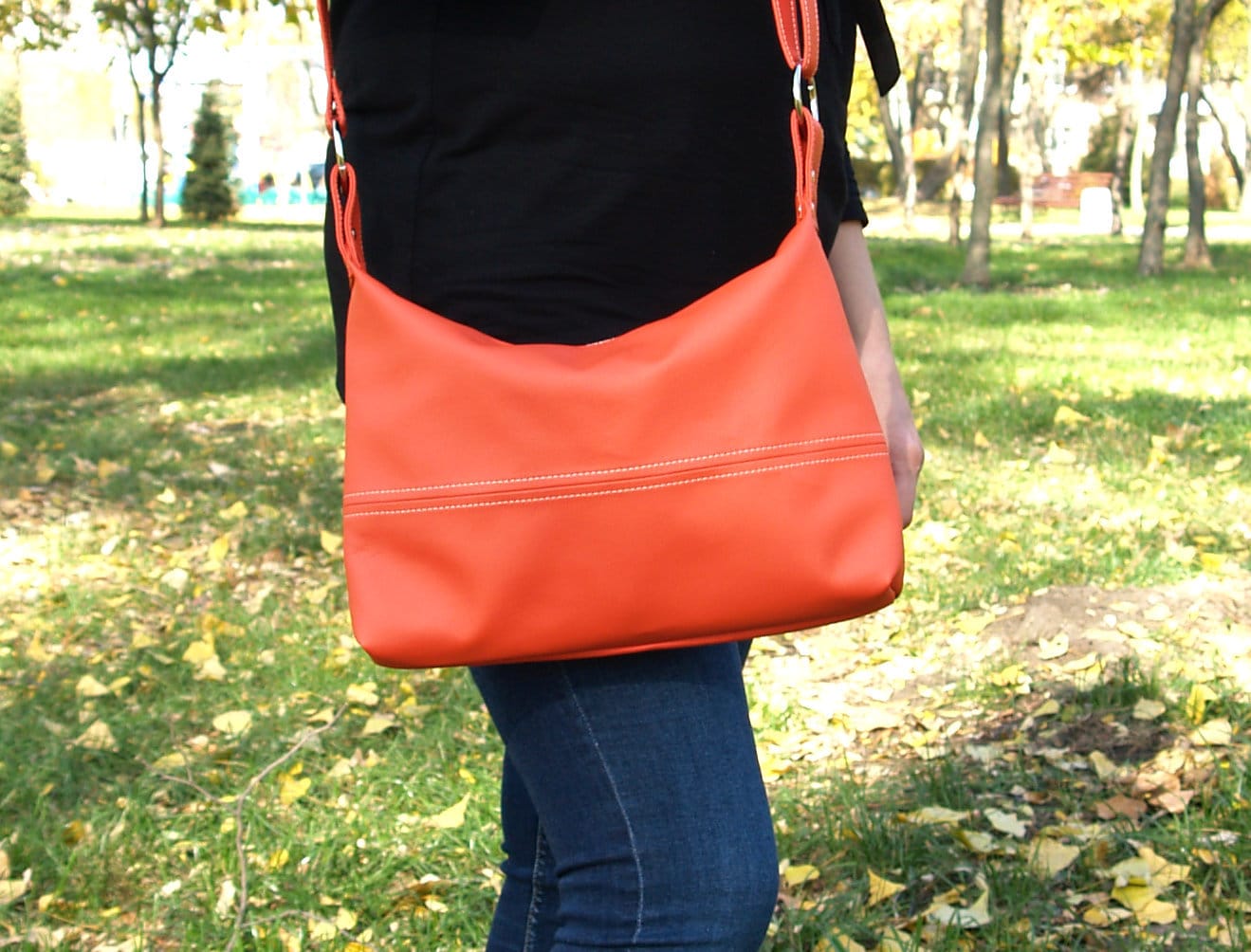 Orange Vegan Leather Crossbody Bag: Slouchy Hobo Purse