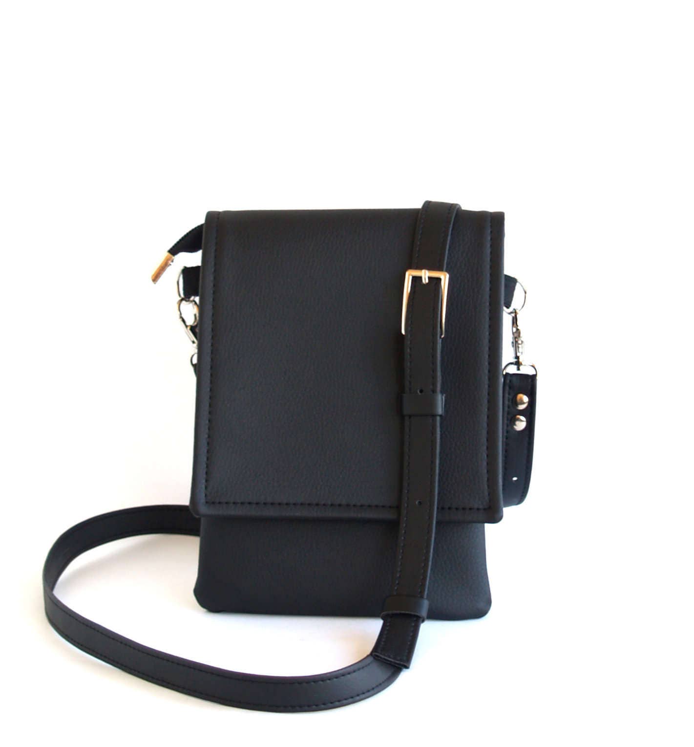 Treble Pockets Small Crossbody Purse Soft Synthetic Leather Cell Phone Black 