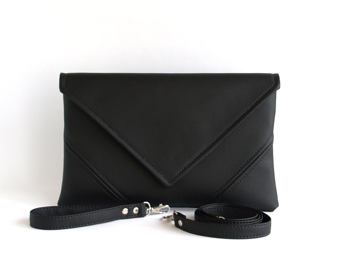 Black Evening Clutch Black Leather Purse Vegan Wristlet Etsy