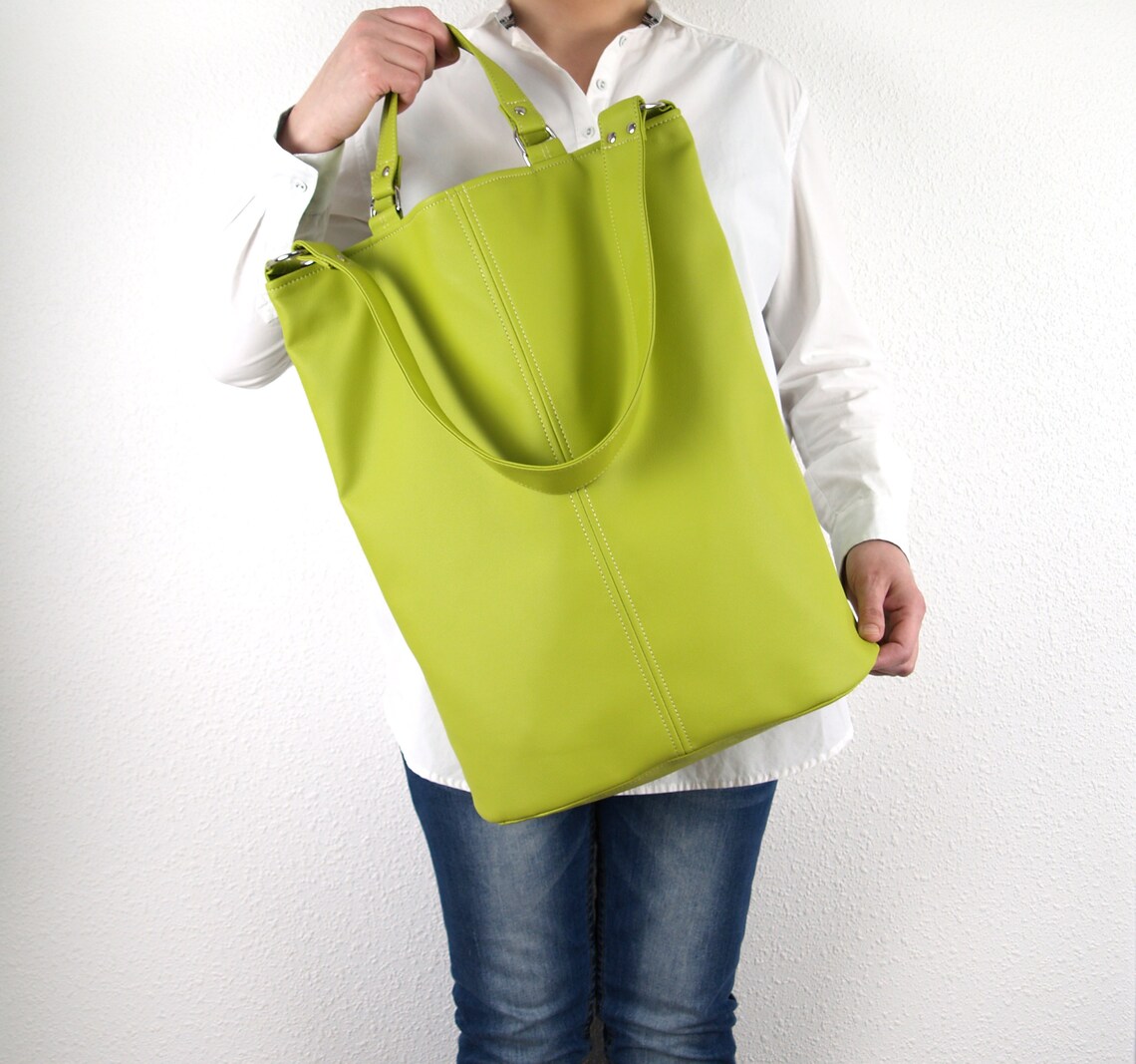 Lime Green Tote Bag Leather Shoulder Bag Vegan Tote Bucket Etsy