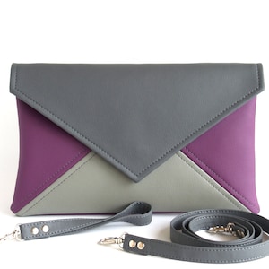 Sobre del embrague, regalo de la mujer, bolso de embrague púrpura gris, cartera de pulsera bolso de cuero vegano bolso de la noche bolso de la boda embrague de la dama de honor embrague