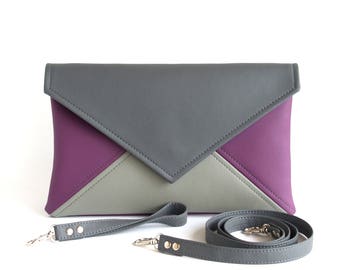 Clutch envelope, Woman Gift, Grey Purple Clutch Purse, Wristlet Wallet Vegan Leather bag  Evening Bag Wedding Clutch Bag Bridesmaid Clutch