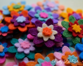 Mini Triple Layered Felt Flowers, Pack of Multi Coloured Small Flowers, Die Cut Floral Craft Embellishments