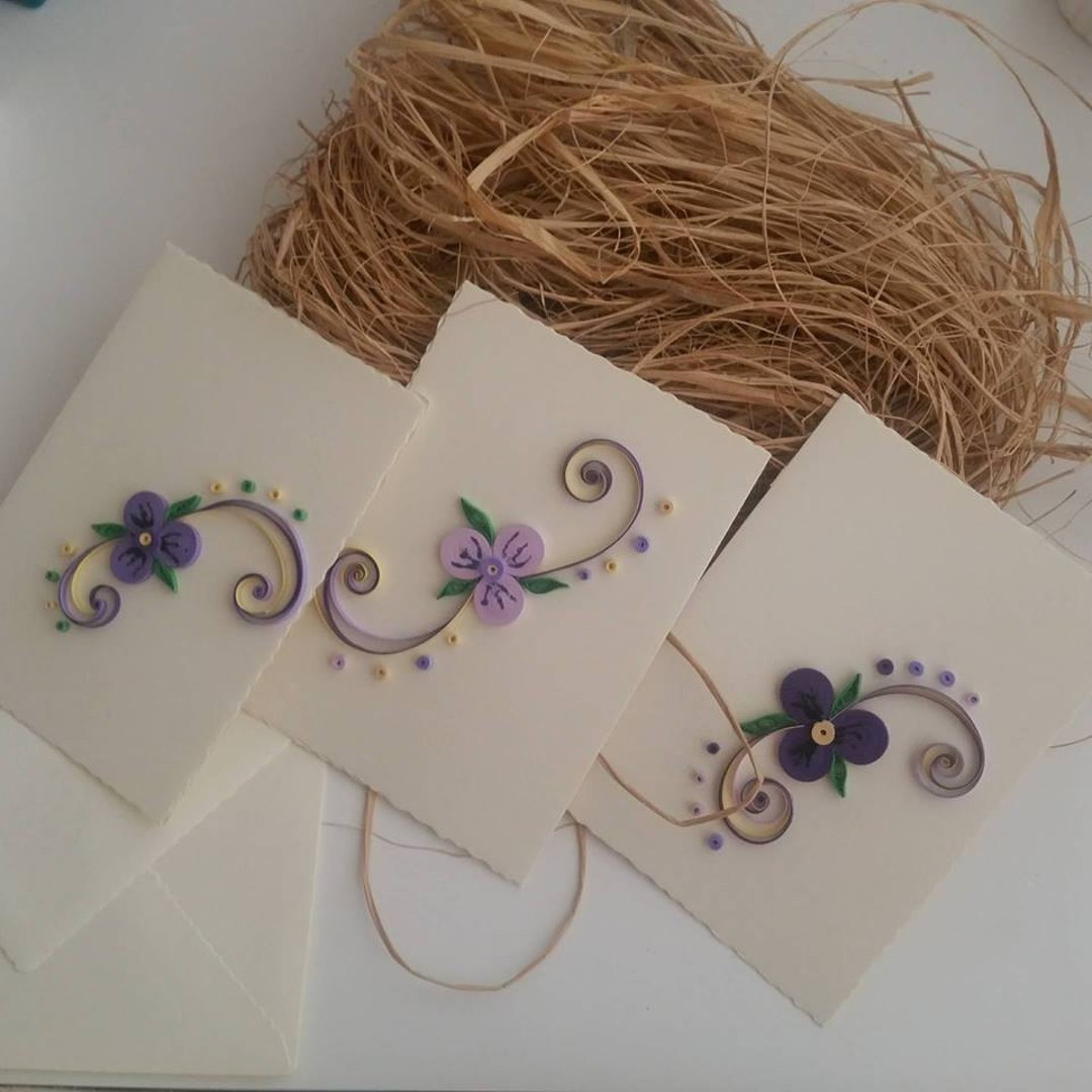 Quilling Cards Set of 3, Quilled Violet Card, Violet Card, Quilling Art