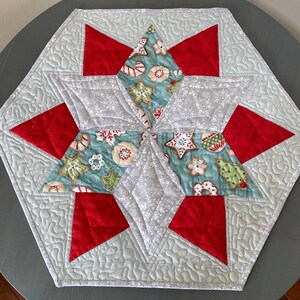Handmade Quilted Christmas Table Topper, Quilted Hexagon Christmas Table Topper, Christmas Gray Table Décor