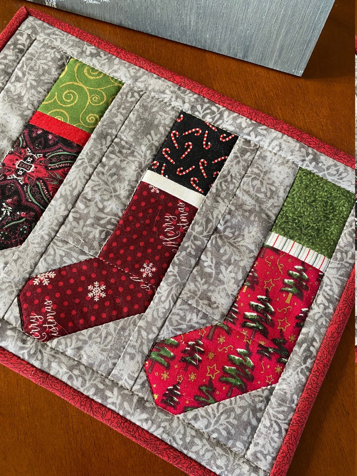 Christmas Stocking Quilted Mug Rug Placemat Quilted Table Etsy