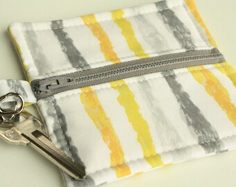 Small Square Yellow and Gray Striped Ear Bud Zippered Case - Small Zippered Coin Purse - Square Zippered Key Chain Pouch