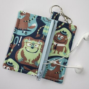 Monster Print Earbud Case: Zippered Coin Purse Keychain Pouch
