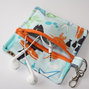 Blue Fish Print Zippered Earbud Pouch: Square Coin Purse Keychain