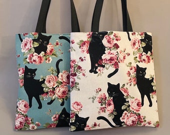 Cats and Roses Bag, Linen Cat bag, Black Cat Tote bag, Black Cat Shoulder bag, Cat bag, Cat Lover gifts, Black Cat bag, Cat canvas Bag