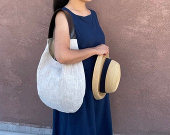 100% Linen Large Bag, Oversized Linen Bag, Natural Pure Linen Bag, Linen shoulder bag, Linen Purse, Round Linen tote bag, Linen Hobo Bag