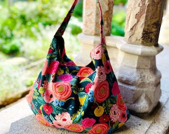 English Garden, Juliet Rose, Canvas shoulder bag, Flowers large purse, floral slouchy bag, Cotton + Steel, Rifle Paper Co. Flower hobo bag