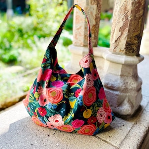 English Garden, Juliet Rose, Canvas shoulder bag, Flowers large purse, floral slouchy bag, Cotton + Steel, Rifle Paper Co. Flower hobo bag