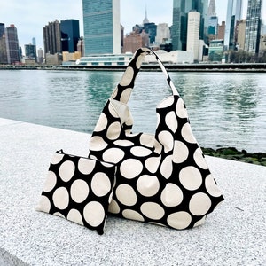 Macaron Dots Shoulder Bag Extra Large Bag Slouchy Bag Purse Polka Dots Bag Black and White Bag Linen Tote Bag Handbag Boho Bag Etsy