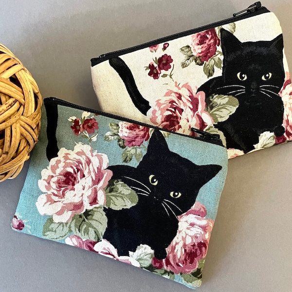 Black Cat and flower Zipper Pouch, Linen zip purse, Card wallet, Cat lover gifts, Cat Wallet, Cat Bag, Coin purse, Small zipper purse