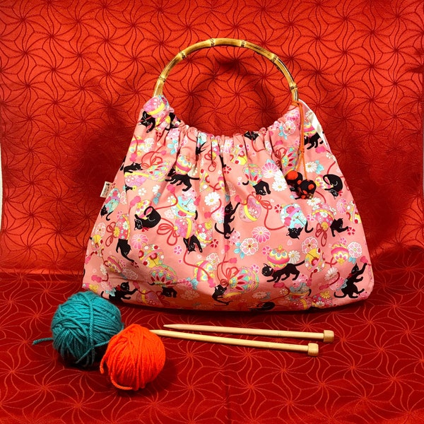 Schwarze Katzen Projekt Tasche, Bambus Top Griff Tasche, Kirschblüte, Kimono Tasche, Retro-Tasche, japanische Oma Tasche, schwarze Katze Handtasche, Katze-Liebhaber-Geschenk