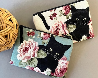 Black Cat and flower Zipper Pouch, Linen zip purse, Card wallet, Cat lover gifts, Cat Wallet, Cat Bag, Coin purse, Small zipper purse