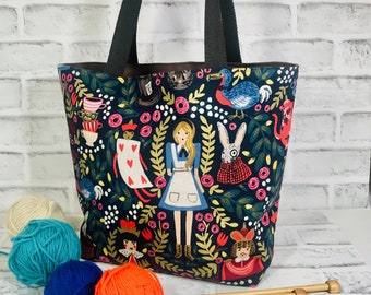 Alice in Wonderland Bag, Linen Canvas tote, Metallic gold accents,Knitting project bag, shoulder bag, Everyday bag, Project bag, Linen Bag